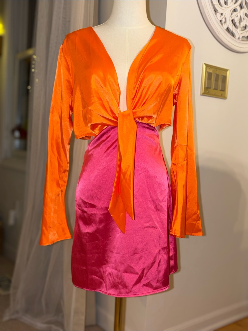 Orange & Pink Satin Tie-Front Mini Dress w/ Cutout Sides Size Small (2-4)